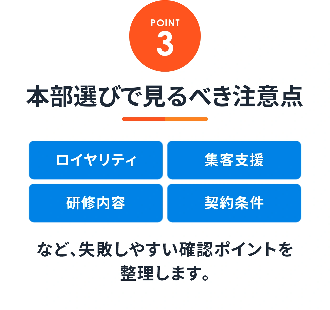 POINT3 本部選びで見るべき注意点（ロイヤリティ・集客支援・研修内容・契約条件）など、失敗しやすい確認ポイントを整理します。